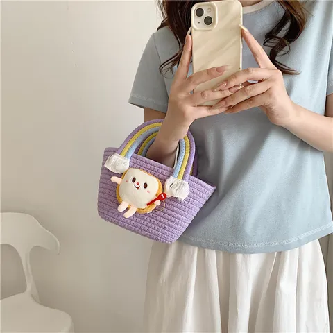 Sac Seau Tissé Femmes Mignon Pendentif Poupée Pain Sac à Main en Tricot Gland Arc-en-Ciel Sac Cabas Ouvert Quotidien