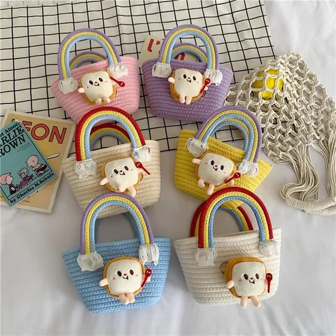 Sac Seau Tissé Femmes Mignon Pendentif Poupée Pain Sac à Main en Tricot Gland Arc-en-Ciel Sac Cabas Ouvert Quotidien