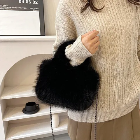 Sac à Bandoulière en Peluche pour Femmes Automne Hiver Doux Fourrure Crossbody Aisselle Sac à Main Couleur Unie