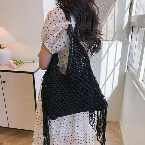 Damen Vintage Handgemachte Gewebte Tote Bag Durchbrochene Fransen Große Kapazität Umhängetasche Lässig Pendeln Reise Handtasche