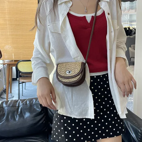 Sac Bandoulière Mini en Paille pour Femmes Patchwork Bicolore Sac à Main Quotidien Décontracté
