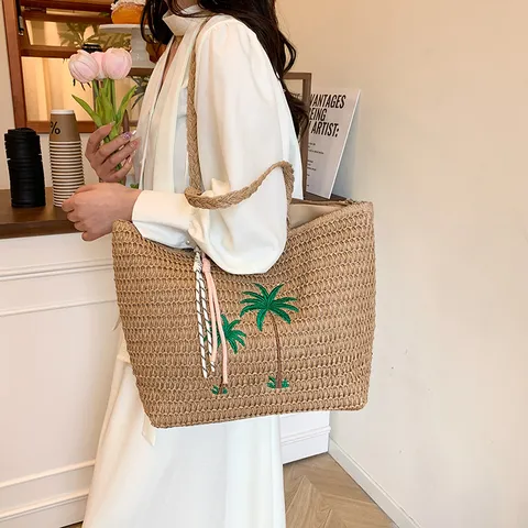 Grande Capacité Sac Cabas en Paille Tissée Style Japonais Fabriqué à la Main Sac Bandoulière de Plage Broderie Palmiers Sac de Vacances d'Été