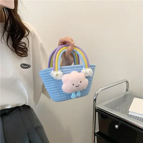 Sac Seau en Peluche Tissé Doux Mignon Cartoon Poignée Arc-en-Ciel Sac à Main Petit Panier Décontracté Sac Bandoulière pour Femmes
