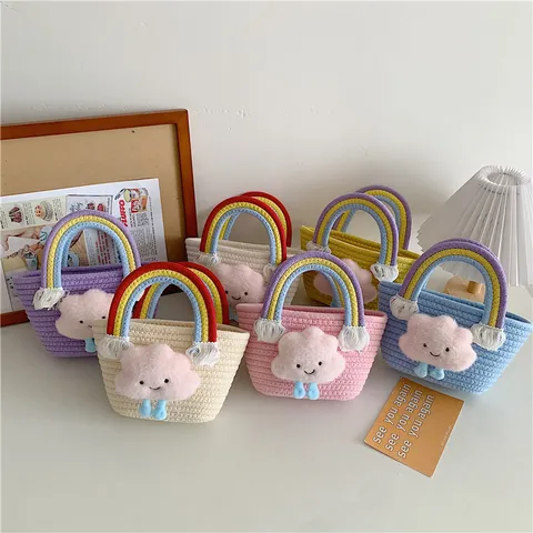 Sac Seau en Peluche Tissé Doux Mignon Cartoon Poignée Arc-en-Ciel Sac à Main Petit Panier Décontracté Sac Bandoulière pour Femmes