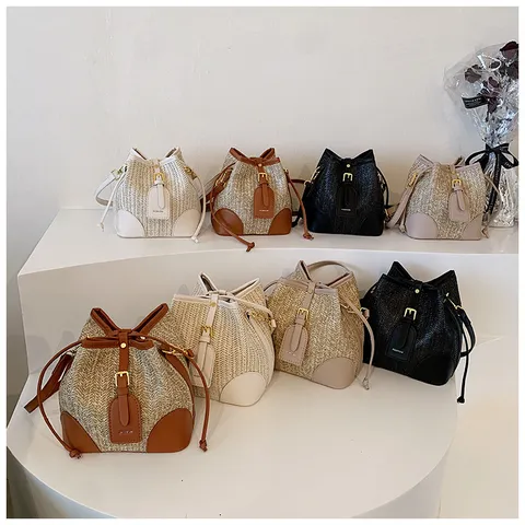 Sac Seau en Paille Tissée pour Femmes Décontracté Été Plage Bandoulière Cordon Petit Sac à Main