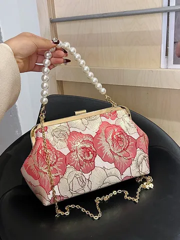 Style Chinois Vintage Satin Jacquard Sac à Main Élégante Perle Artificielle Chaîne Épaule Bandoulière Sac Pour Femmes Quotidien