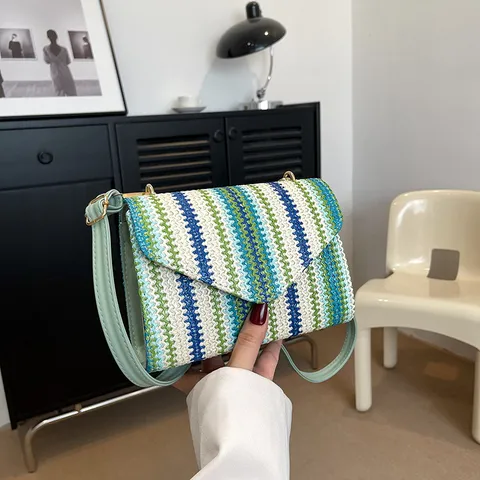Sac Bandoulière en Paille Tissée Mode Décontracté Rayé Bicolore Sac à Main Minimaliste Plage Voyage pour Femmes