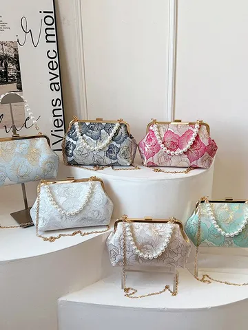 Style Chinois Vintage Satin Jacquard Sac à Main Élégante Perle Artificielle Chaîne Épaule Bandoulière Sac Pour Femmes Quotidien
