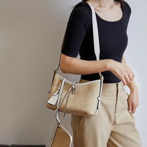 Femme Mode Paille Tissée Sac Seau Décontracté Bicolore Sac Bandoulière Été Plage Voyage Hobo Sac À Main Avec Petite Pochette