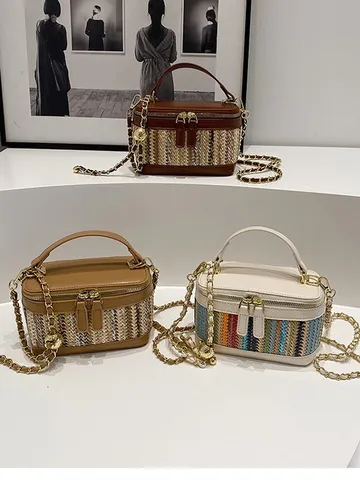 Sac à Main Boîte Poignée Supérieure Tissé en Paille Femme Chaîne Bandoulière Mode Patchwork Décontracté