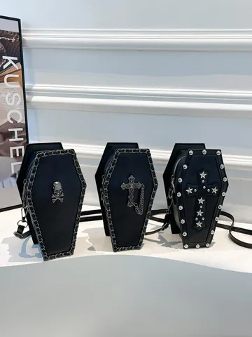 Gothique Rétro PU Cuir Cercueil Forme Épaule Bandoulière Sac Punk Croix Chaîne Métal Rivet Femmes Messager Sac à Main