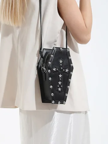 Gothique Rétro PU Cuir Cercueil Forme Épaule Bandoulière Sac Punk Croix Chaîne Métal Rivet Femmes Messager Sac à Main