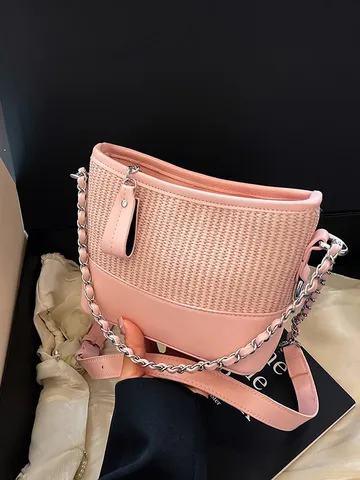 Dames Mode Imitatie Stro Splicing Schoudertas Trendy Ketting Emmer Hobo Tas Dagelijks Woon-werkverkeer Casual Handtas