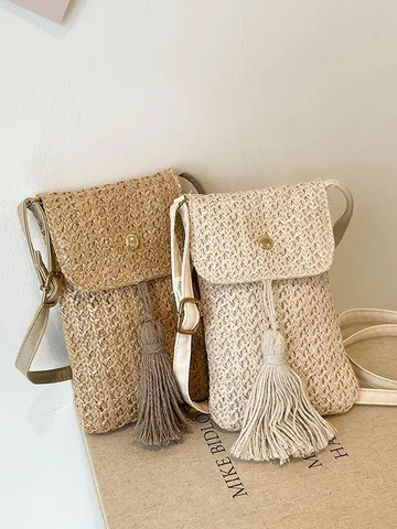 Womens Straw Woven Crossbody Bag Mini Tassel Phone Bag Solid Color Casual Summer Beach Shoulder Bag Travel Purse