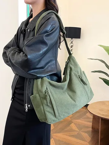 Sac Bandoulière en Velours Côtelé pour Femmes Grande Capacité Cabas Décontracté Trajet Quotidien Sac à Main Polyvalent
