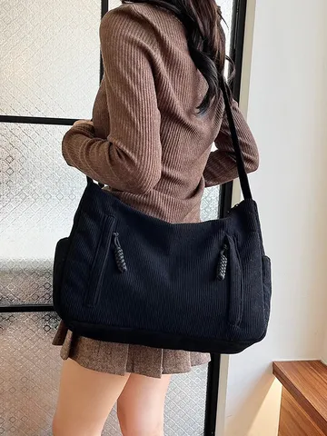 Sac Bandoulière en Velours Côtelé pour Femmes Grande Capacité Cabas Décontracté Trajet Quotidien Sac à Main Polyvalent