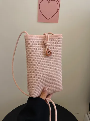 Sac Bandoulière Tissé en Paille Mode Femme Mini Casual Couleur Unie Sac Téléphone avec Bouton Fleur en Bois
