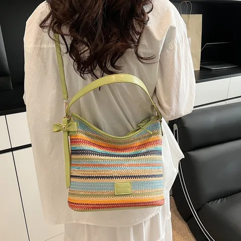 Femme Mode Bloc de Couleur Paille Sac Seau Décontracté Tissé Bandoulière PU Cuir Épissure Quotidien Sac à Main