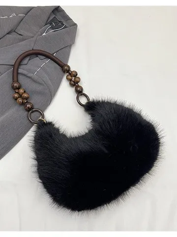 Sac à Bandoulière en Peluche Mode pour Femmes Sac à Main d'Hiver Moelleux Tote en Fausse Fourrure Avec Poignée en Perles de Bois Sac Casual