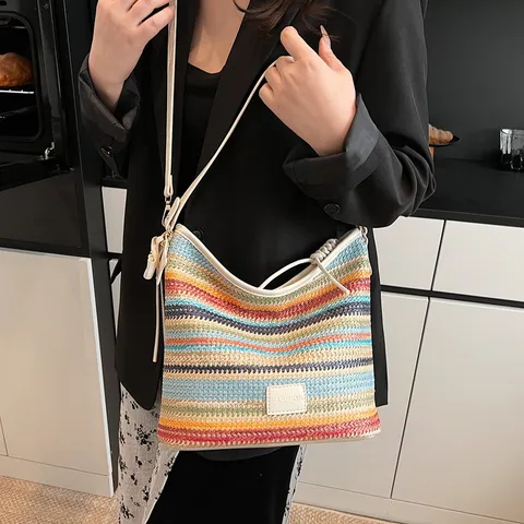 Femme Mode Bloc de Couleur Paille Sac Seau Décontracté Tissé Bandoulière PU Cuir Épissure Quotidien Sac à Main