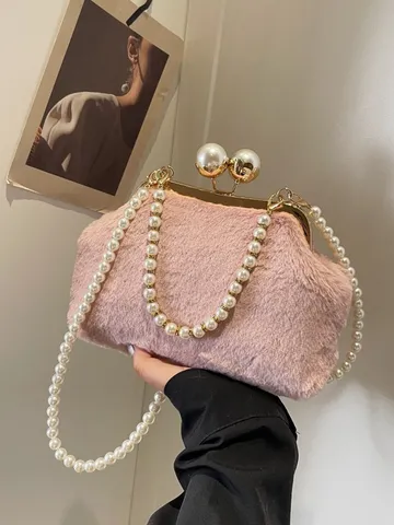 Femme Hiver Peluche Fausse Fourrure Sac Coquillage Mode Chaîne de Perles Poignée Supérieure Sac Bandoulière Élégante Pochette de Soirée