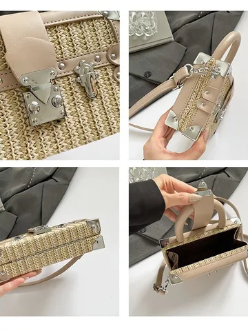 Mode Paille Tissée Boîte Sac Pour Femmes PU Cuir Épissage Rétro Valise Sac Bandoulière Casual Chic Sac à Main