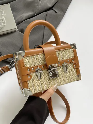 Mode Paille Tissée Boîte Sac Pour Femmes PU Cuir Épissage Rétro Valise Sac Bandoulière Casual Chic Sac à Main