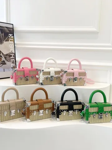 Fashion Woven Straw Box Bag For Women PU Leather Splice Retro Trunk Shoulder Crossbody Bag Casual Chic Handbag