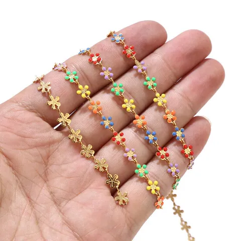 Stainless Steel Enamel Mixed Color Small Flower Chain DIY Handmade Bracelet Jewelry Accessories Craft Supply Material