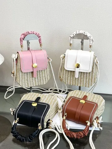 Femmes Mode Paille Tressée Boîte Sac PU Cuir Rabat Poignée Supérieure Sac Bandoulière Sac à Main Décontracté Chic Sac Bandoulière