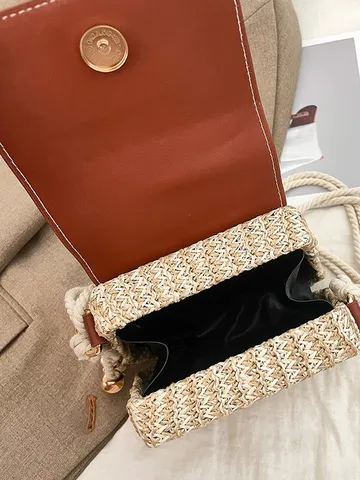Femmes Mode Paille Tressée Boîte Sac PU Cuir Rabat Poignée Supérieure Sac Bandoulière Sac à Main Décontracté Chic Sac Bandoulière