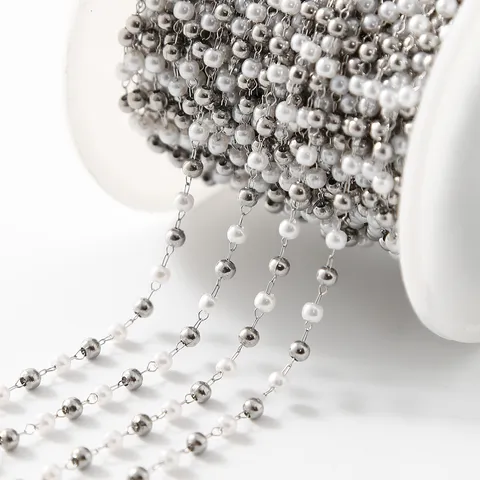 Stainless Steel Beaded Chain DIY Jewelry Making Artificial Pearl And Metal Beads Chain For Necklace Bracelet
