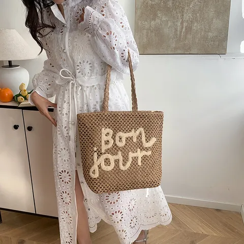 Sac Cabas Tissé en Paille pour Femme Sac à Main de Plage Décontracté Ajouré Élégant Brodé de Lettres Sac Bandoulière de Vacances