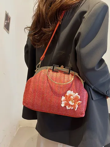 Sac de Soirée en Paille Tissée Rétro Femmes Vintage Broderie Florale Sac à Main Fermoir en Métal Chaîne Bandoulière
