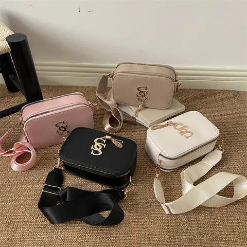 Women Fashion PU Leather Wide Strap Shoulder Bag Minimalist Square Camera Crossbody Bag With Tassel Metal Logo Casual Small Purse
