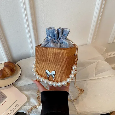 Fashion Denim Drawstring Bucket Bag With Pearl Handle Butterfly Decor PU Leather Small Square Shoulder Crossbody Bag Handbag