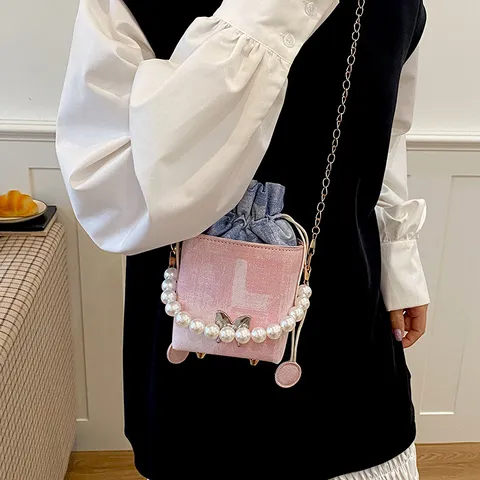 Fashion Denim Drawstring Bucket Bag With Pearl Handle Butterfly Decor PU Leather Small Square Shoulder Crossbody Bag Handbag