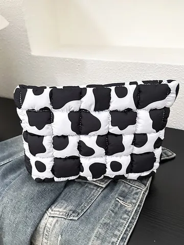 Neceser Acolchado para Mujer Estampado de Leopardo Patrón de Vaca Cebra Bolsa de Cosméticos Ligera de Algodón con Cremallera