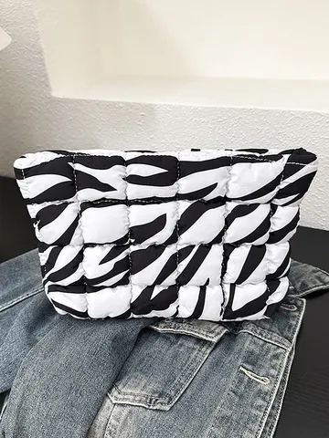Neceser Acolchado para Mujer Estampado de Leopardo Patrón de Vaca Cebra Bolsa de Cosméticos Ligera de Algodón con Cremallera