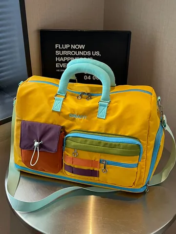 Large Capacity Color Block Travel Duffle Bag Women Oxford Cloth Multi-Pocket Commute Storage Bag With Shoe Compartment