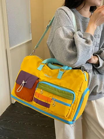 Large Capacity Color Block Travel Duffle Bag Women Oxford Cloth Multi-Pocket Commute Storage Bag With Shoe Compartment