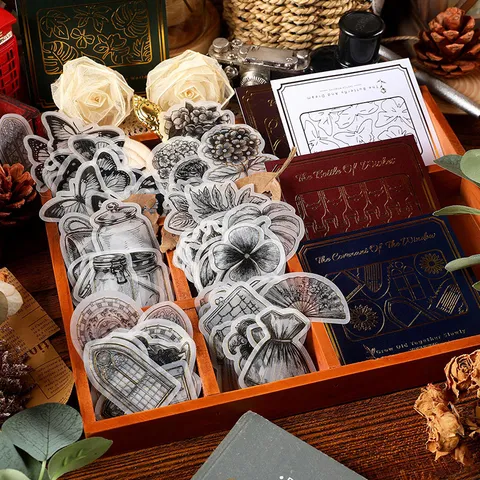 Vintage Dunkel Botanisch Floral Heißfolienprägung Pergamentpapier Aufkleber Pack DIY Journaling Scrapbooking Schreibwaren