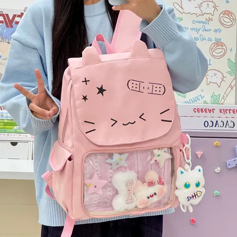 Japonés Lindo Dibujos Animados Gato Mochila Gran Capacidad Estudiante Bolsa Escolar Casual Diario Bolsa de Libros Nylon Viaje Mujer