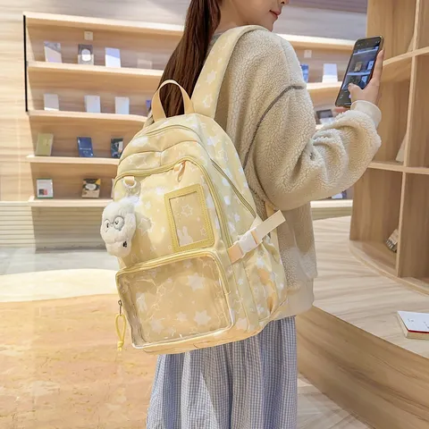 Mochila Escolar para Estudiantes de Estilo Japonés Lindo Estampado de Estrellas Casual Daypack Gran Capacidad Bolsa para Libros Con Bolsillo Transparente para Chicas Adolescentes