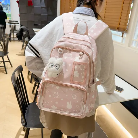 Mochila Escolar para Estudiantes de Estilo Japonés Lindo Estampado de Estrellas Casual Daypack Gran Capacidad Bolsa para Libros Con Bolsillo Transparente para Chicas Adolescentes