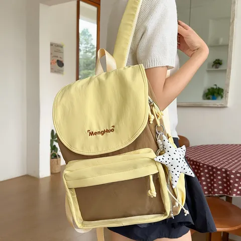 Mochila Casual de Nailon para Mujer Impermeable Viaje Escuela Libro Bloque de Color Ligero Daypack Con Colgante