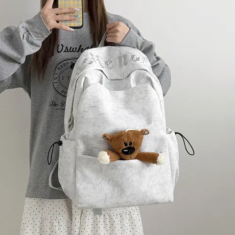 Mochila de Nylon de Gran Capacidad Casual Escuela Bolsa de Viaje Daypack Con Lindo Colgante de Oso Para Mujeres y Adolescentes