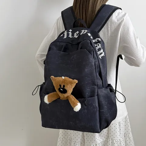 Mochila de Nylon de Gran Capacidad Casual Escuela Bolsa de Viaje Daypack Con Lindo Colgante de Oso Para Mujeres y Adolescentes