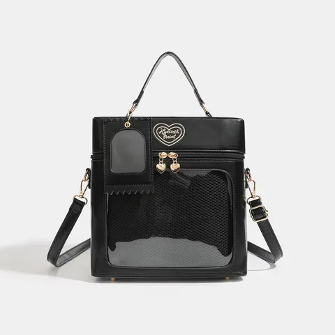 PU Leather Ita Bag Clear Window Backpack Casual School Commuter Handbag Doll Bag Convertible Shoulder Bag