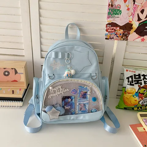 Estilo Coreano Ins Gran Capacidad Ita Bag Cuero PU Escuela Casual Mochila Ventana Transparente Juventud Mujeres Viaje Bolso